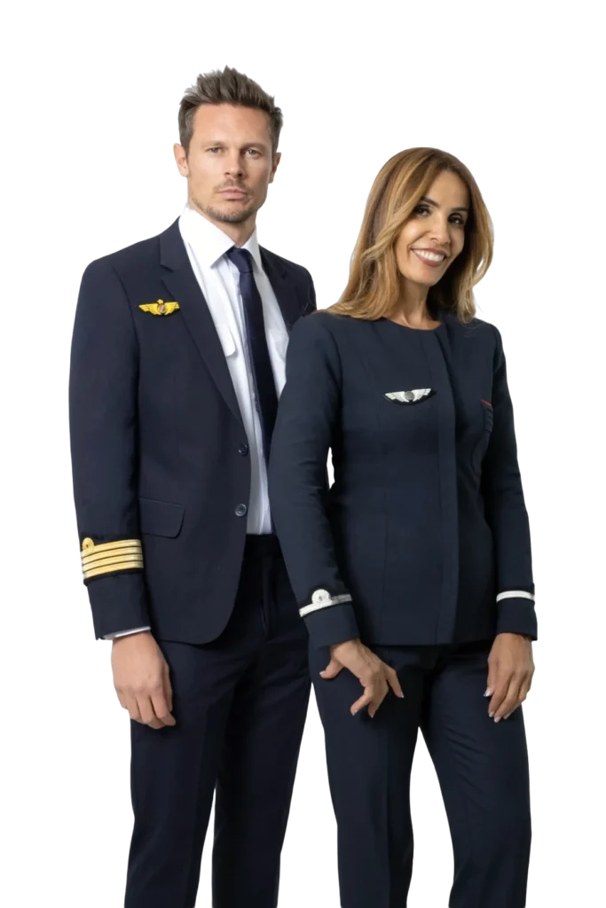 Pilote et hôtesse en uniformes marine, galons dorés et insignes ailés