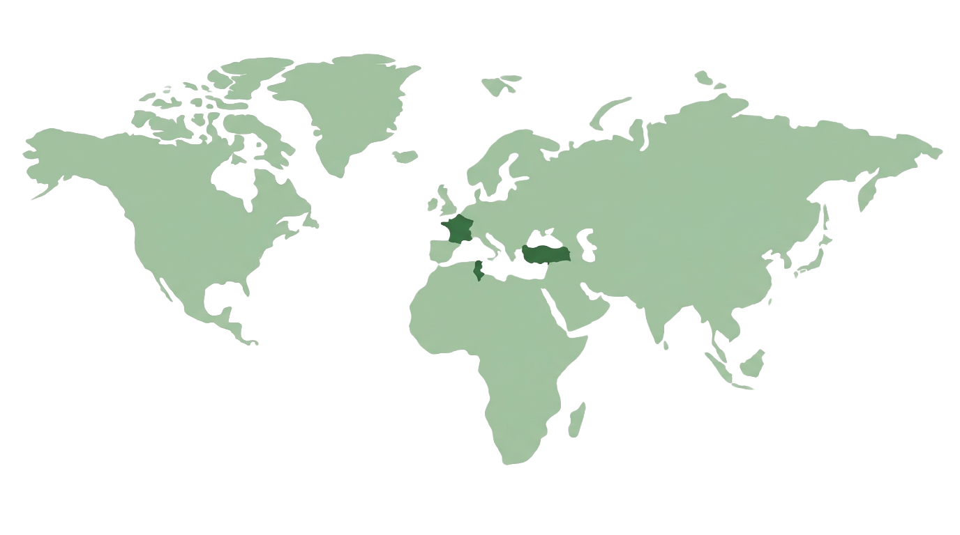 Carte de nos lieux de production : France, Union Européenne, Tunisie et Turquie