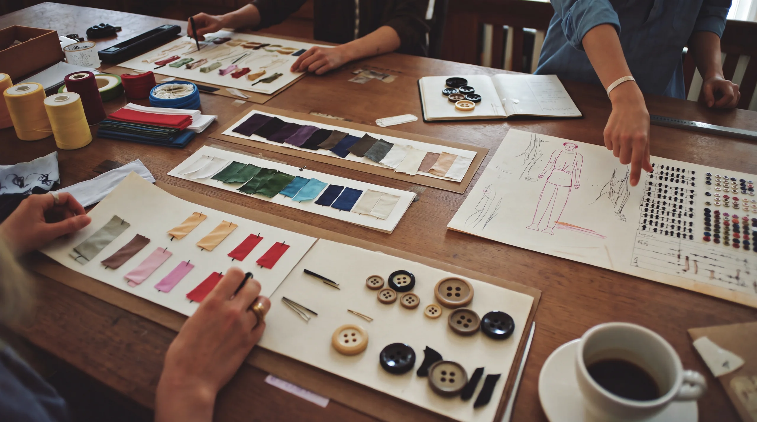 Table d'atelier avec nuanciers de tissus, boutons et croquis de tenue : conception des uniformes sur mesure Hawaii Uniformes Paris