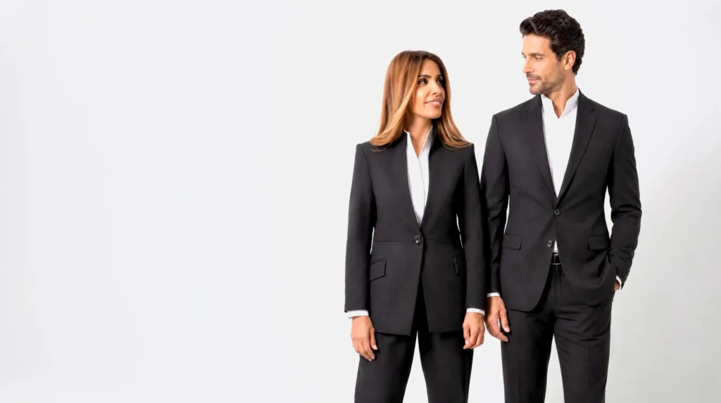 Duo en costumes noirs sur mesure Hawaii Uniformes Paris