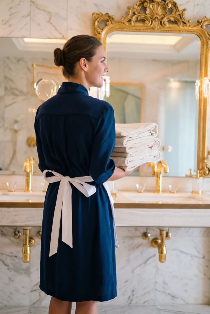 Tenue de propreté sur mesure portée dans une salle de bain d'hôtel