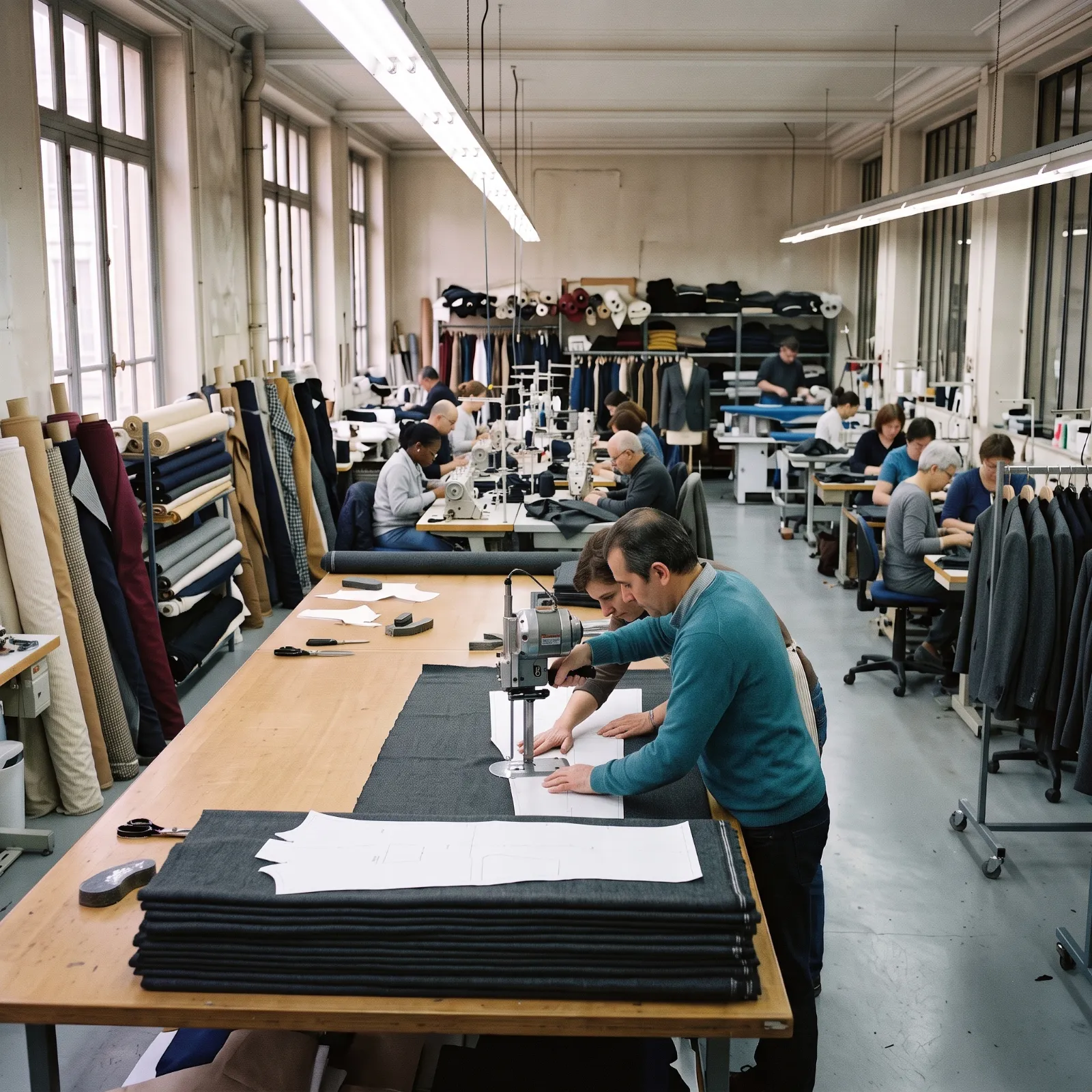 Atelier parisien de confection Hawaii Uniformes Paris : tables de coupe, rouleaux de tissu et postes de couture
